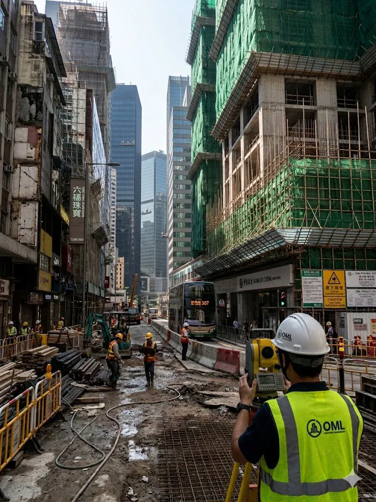 Opulence surveyor operating a total station in Hong Kong Central