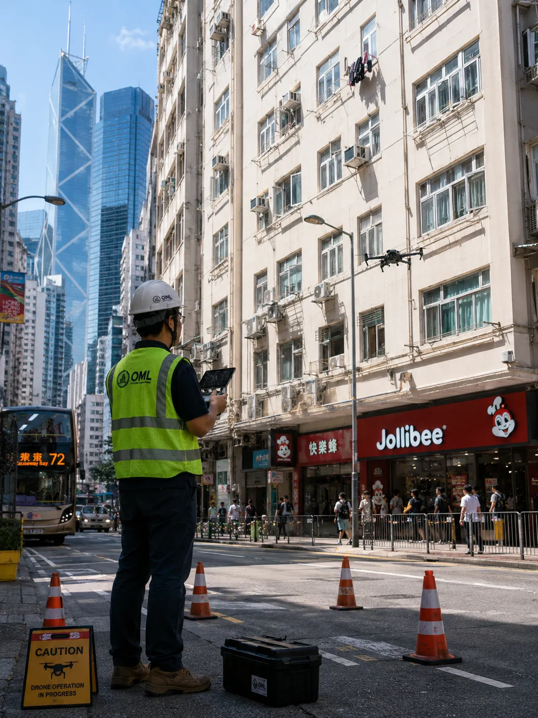 Opulence drone operator surveying a building façade in Hong Kong