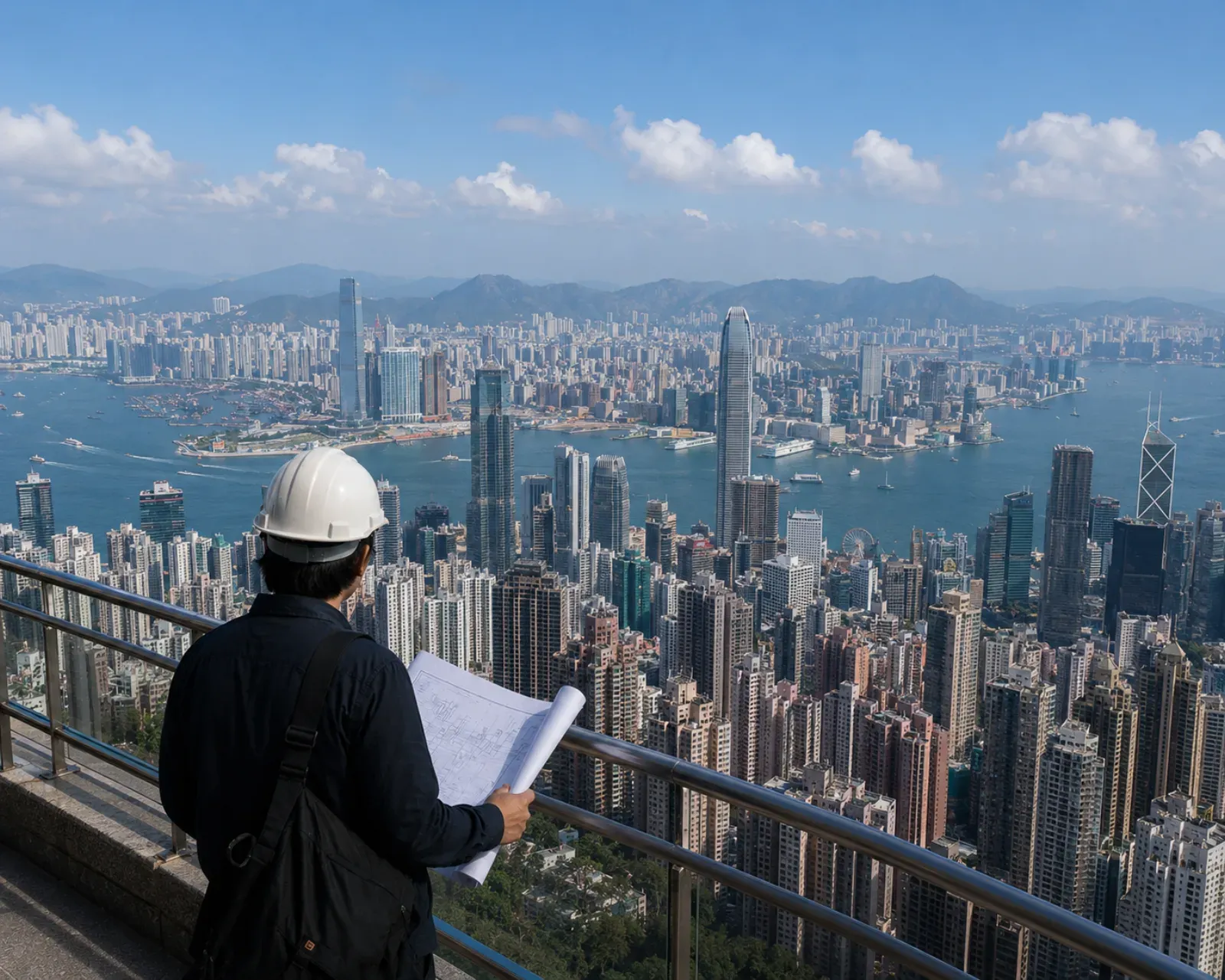 Opulence surveyor reviewing plans overlooking Victoria Harbour and the Hong Kong skyline