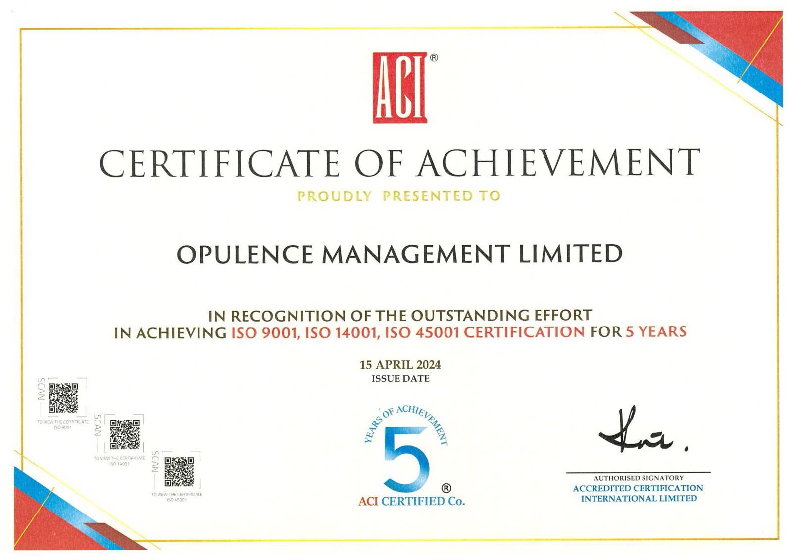ISO 9001 · ISO 14001 · ISO 45001 — 5 years